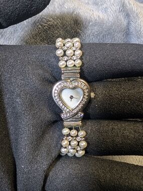 Source Unknown Silver Heart Pearl Bracelet Watch with Crystal Accents